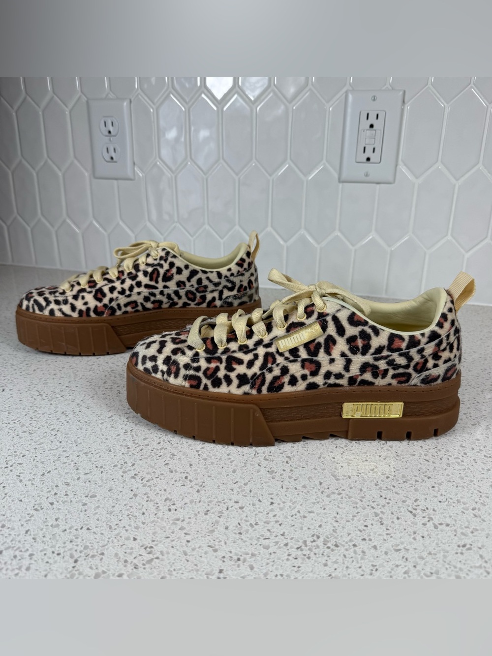 Puma Mayze Leopard Platform Sneakers Beige Leopard Print Women’s Size 9
